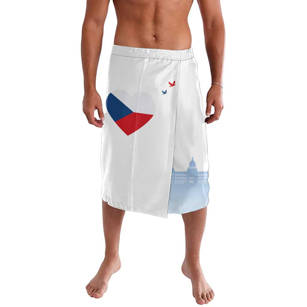 White printed lavalava shorts with Czech flag heart and skyline graphic, elastic waist
