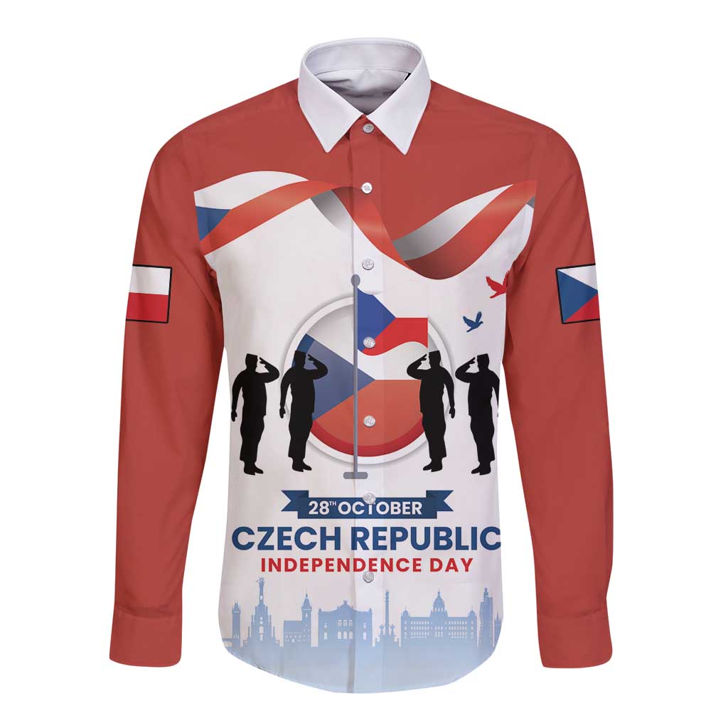 Red long-sleeve button shirt with white collar and Czech Republic independence graphic