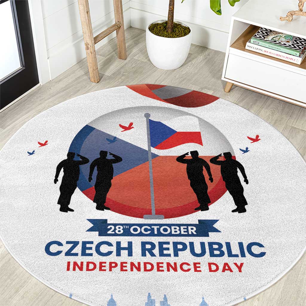 Round white rug with Czech flag, marching figures, and CZECH REPUBLIC text