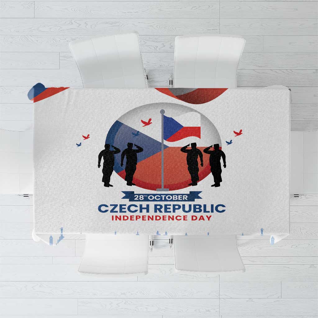 White tablecloth with blue-and-red Czech Independence Day graphic, soldiers and flag.