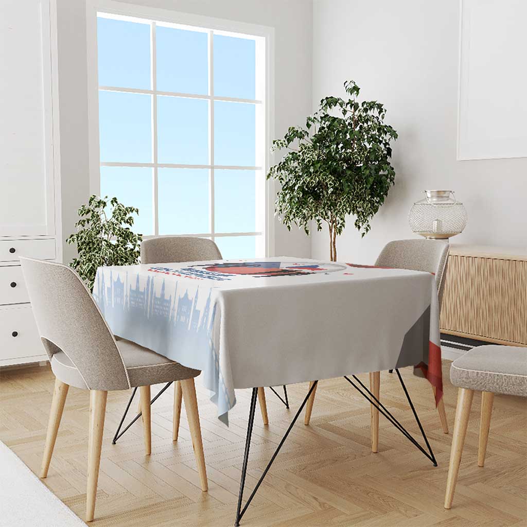 Light blue and white printed tablecloth with Czech skyline and Independence Day design.