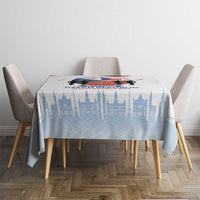Light blue and white tablecloth with Czech skyline, red-white flag graphic, and Independence Day text.