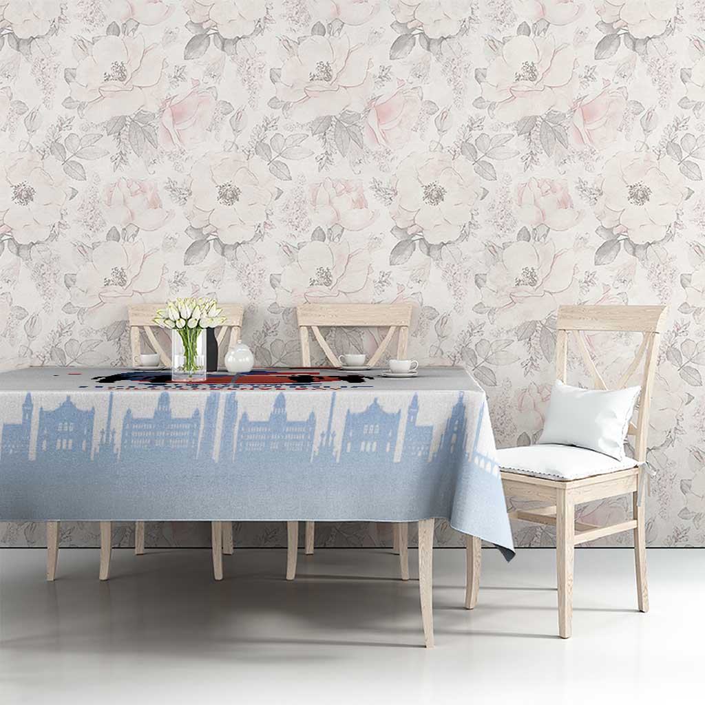 Light blue and white rectangular tablecloth with Czech skyline print and Independence Day theme.