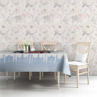 Light blue and white rectangular tablecloth with Czech skyline print and Independence Day theme.