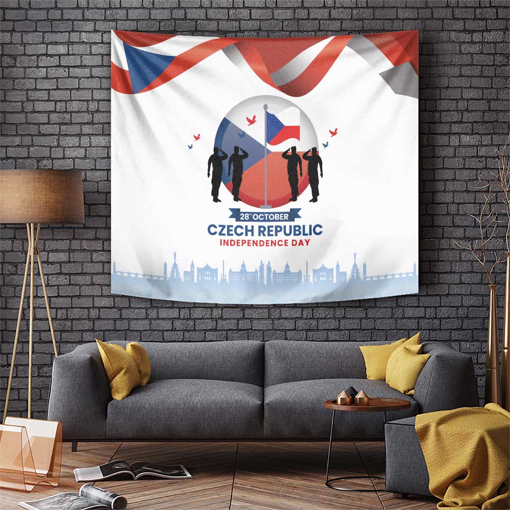 Independence day tapestry: Czech flag emblem with silhouettes and 28 October text
