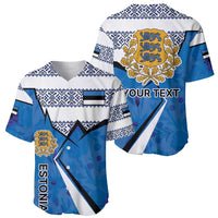Pair of blue Estonia crest baseball jerseys with geometric trim and "YOUR TEXT"