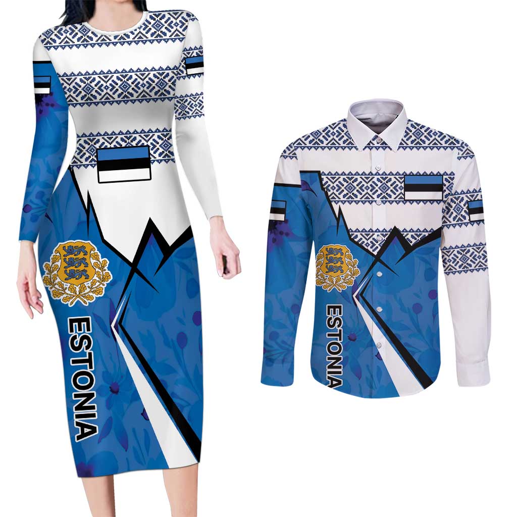 Estonia Coat of arms Personalized Couples Matching Long Sleeve Bodycon Dress and Long Sleeve Button Shirt Eesti riigivapp