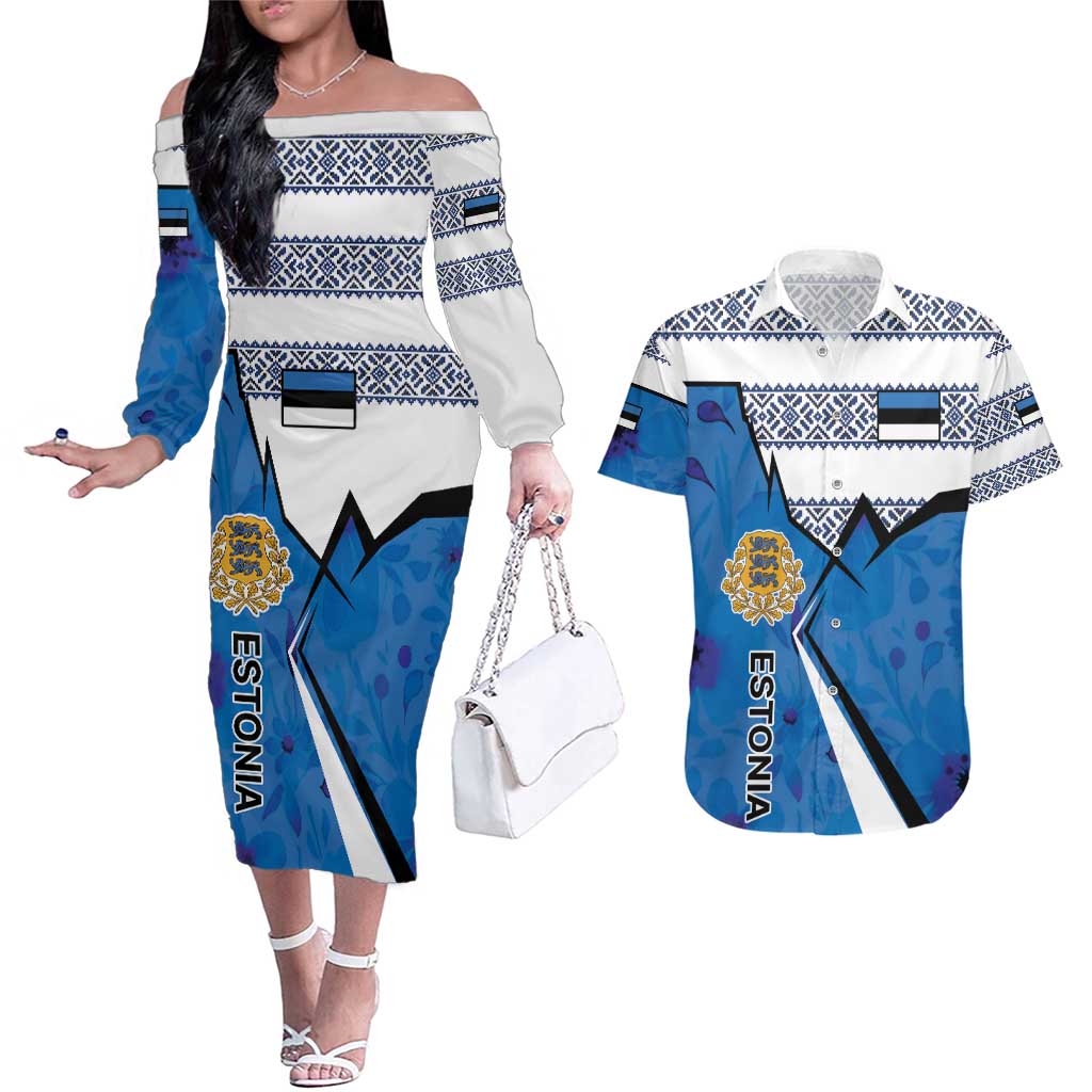 Estonia Coat of arms Personalized Couples Matching Off The Shoulder Long Sleeve Dress and Hawaiian Shirt Eesti riigivapp