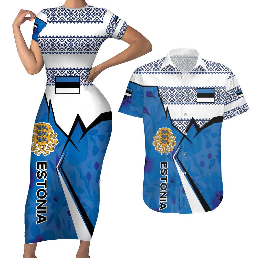 Estonia Coat of arms Personalized Couples Matching Short Sleeve Bodycon Dress and Hawaiian Shirt Eesti riigivapp