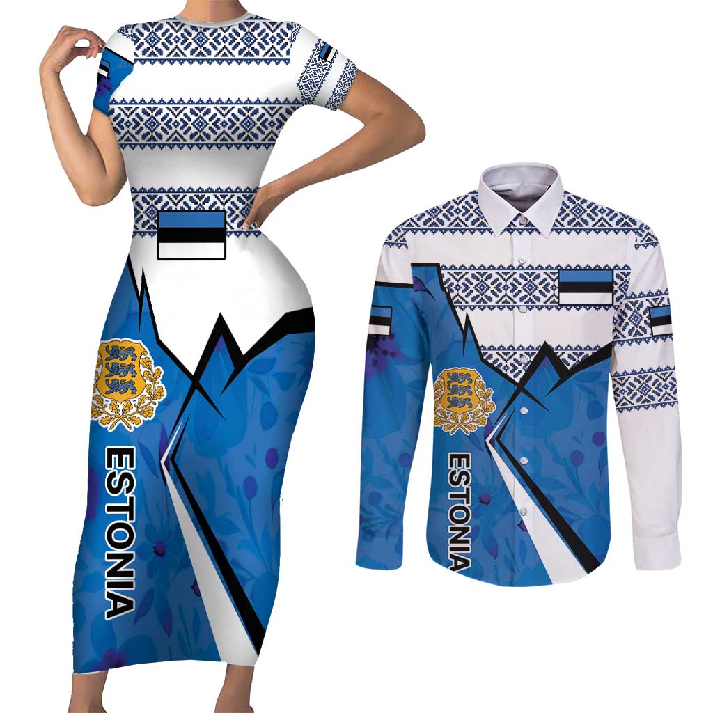 Estonia Coat of arms Personalized Couples Matching Short Sleeve Bodycon Dress and Long Sleeve Button Shirt Eesti riigivapp