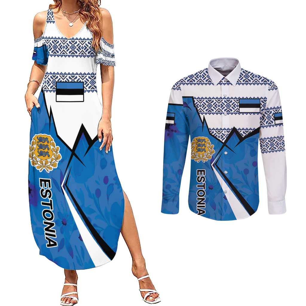 Estonia Coat of arms Personalized Couples Matching Summer Maxi Dress and Long Sleeve Button Shirt Eesti riigivapp