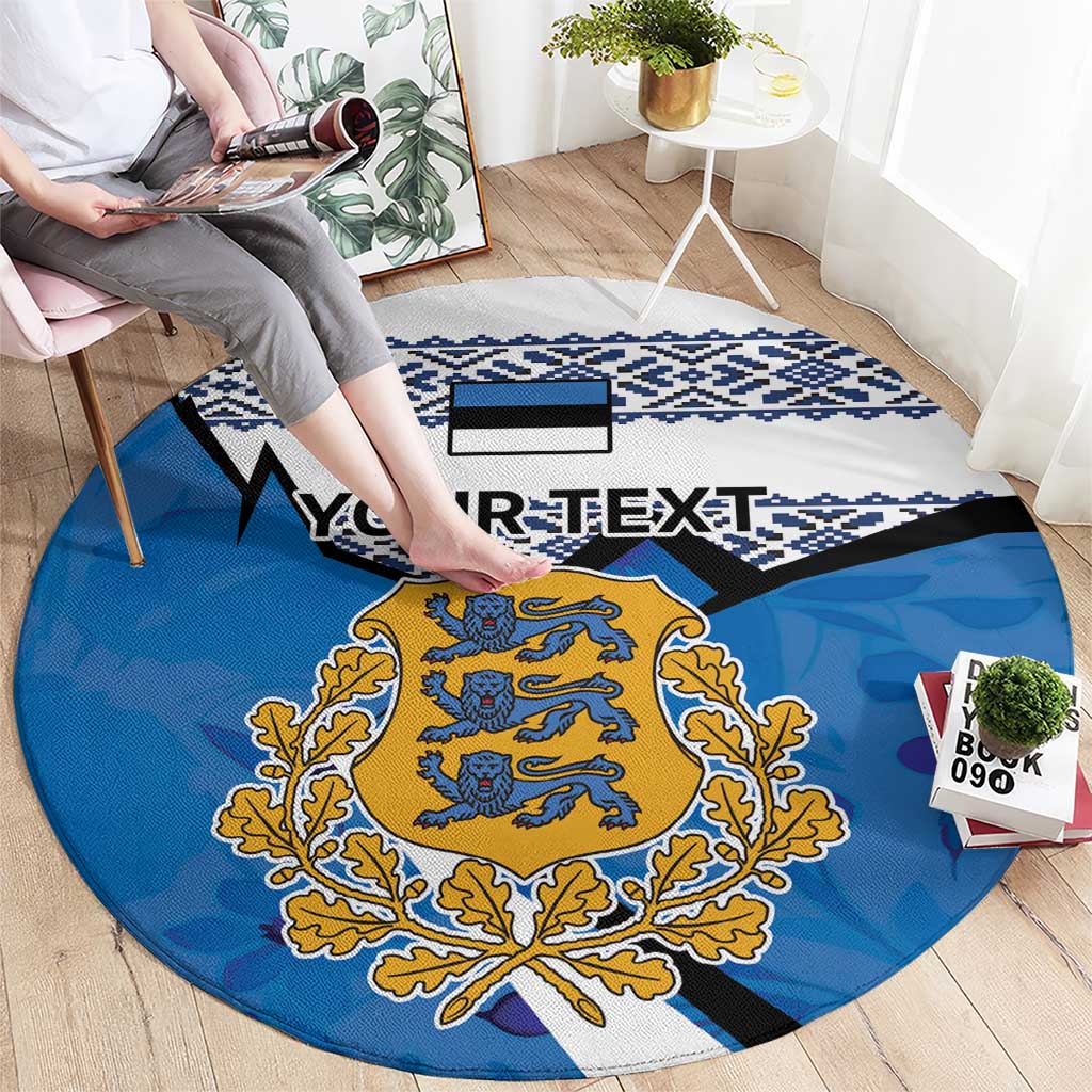 Blue round rug with Estonia coat of arms emblem, navy geometric edge, and black stripe