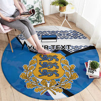 Blue round rug with Estonia coat of arms emblem, navy geometric edge, and black stripe