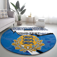 Round blue rug featuring Estonia coat of arms, navy lattice border, and “YOUR TEXT” band