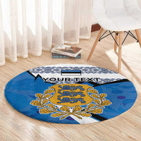 Blue round rug with Estonia coat of arms center, “YOUR TEXT” banner, and geometric border