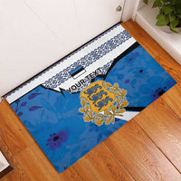 Blue rubber doormat with Estonia coat of arms, white pattern border, custom text