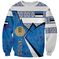 Personalized Estonia coat of arms sweatshirt, blue and white front with crest and 'ESTONIA'