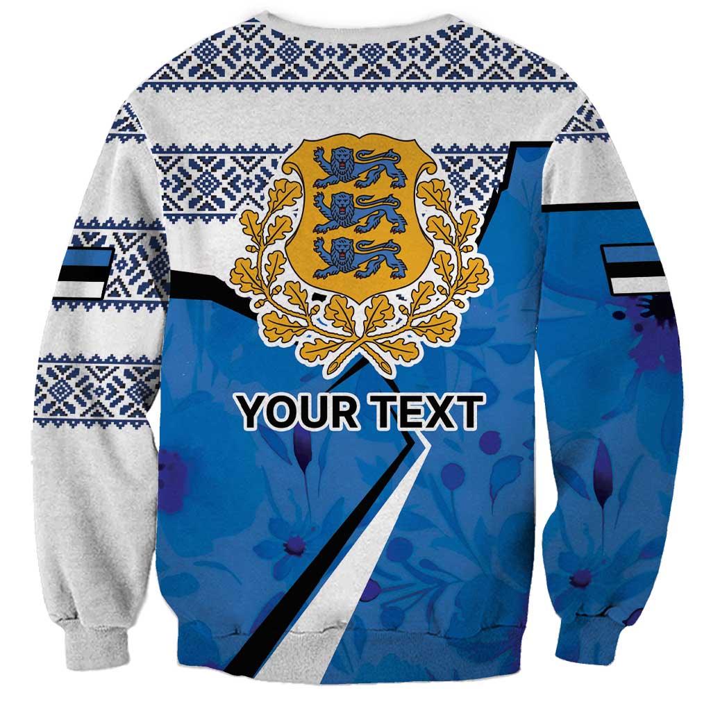 Personalized Estonia coat of arms sweatshirt, blue back with crest and 'YOUR TEXT'