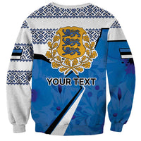 Personalized Estonia coat of arms sweatshirt, blue back with crest and 'YOUR TEXT'