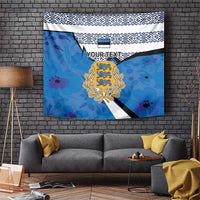 Blue Estonia crest tapestry with gold coat of arms and white patterned border