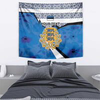 Blue Estonia coat of arms tapestry with white patterned border and central crest
