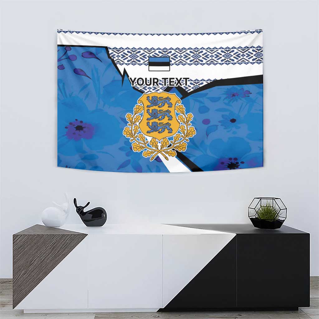 Blue Estonia crest tapestry with white stripe, patterned border, and diagonal black band