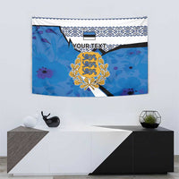 Blue Estonia crest tapestry with white stripe, patterned border, and diagonal black band