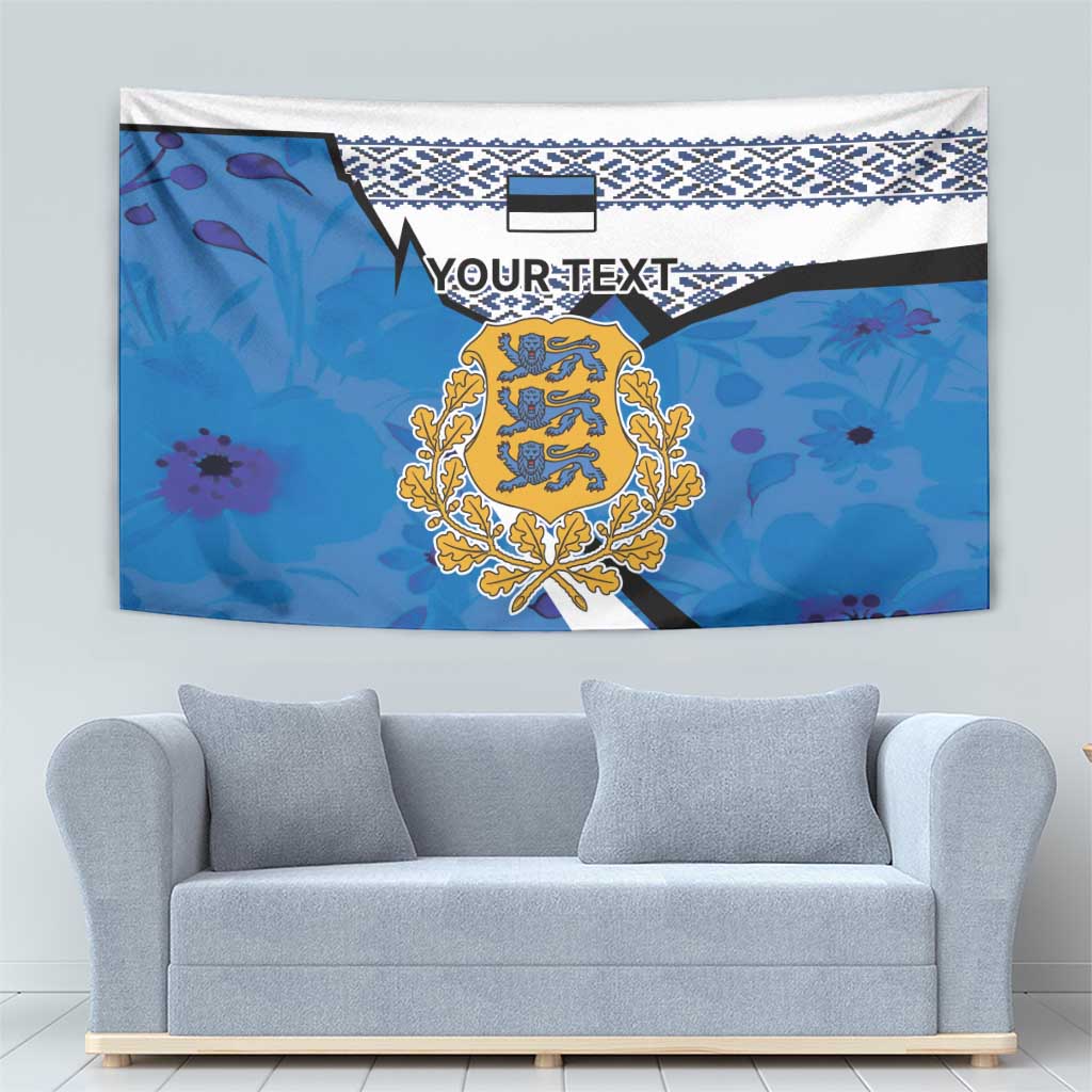Blue Estonia coat of arms tapestry with ornate gold crest and patterned white top border