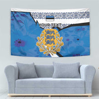Blue Estonia coat of arms tapestry with ornate gold crest and patterned white top border