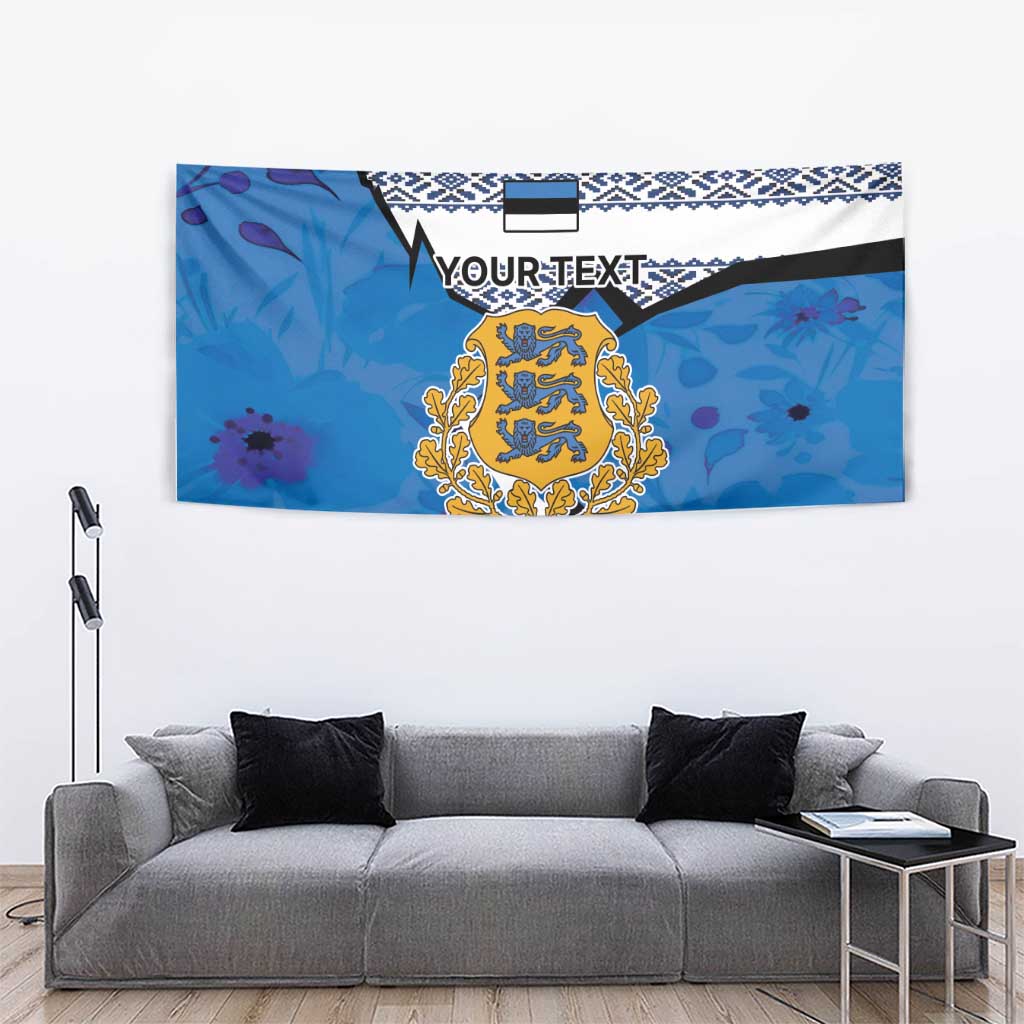 Blue Estonia crest tapestry with gold coat of arms, diagonal black stripe, and white border