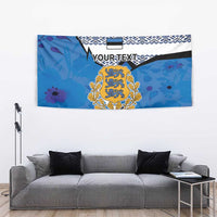 Blue Estonia crest tapestry with gold coat of arms, diagonal black stripe, and white border