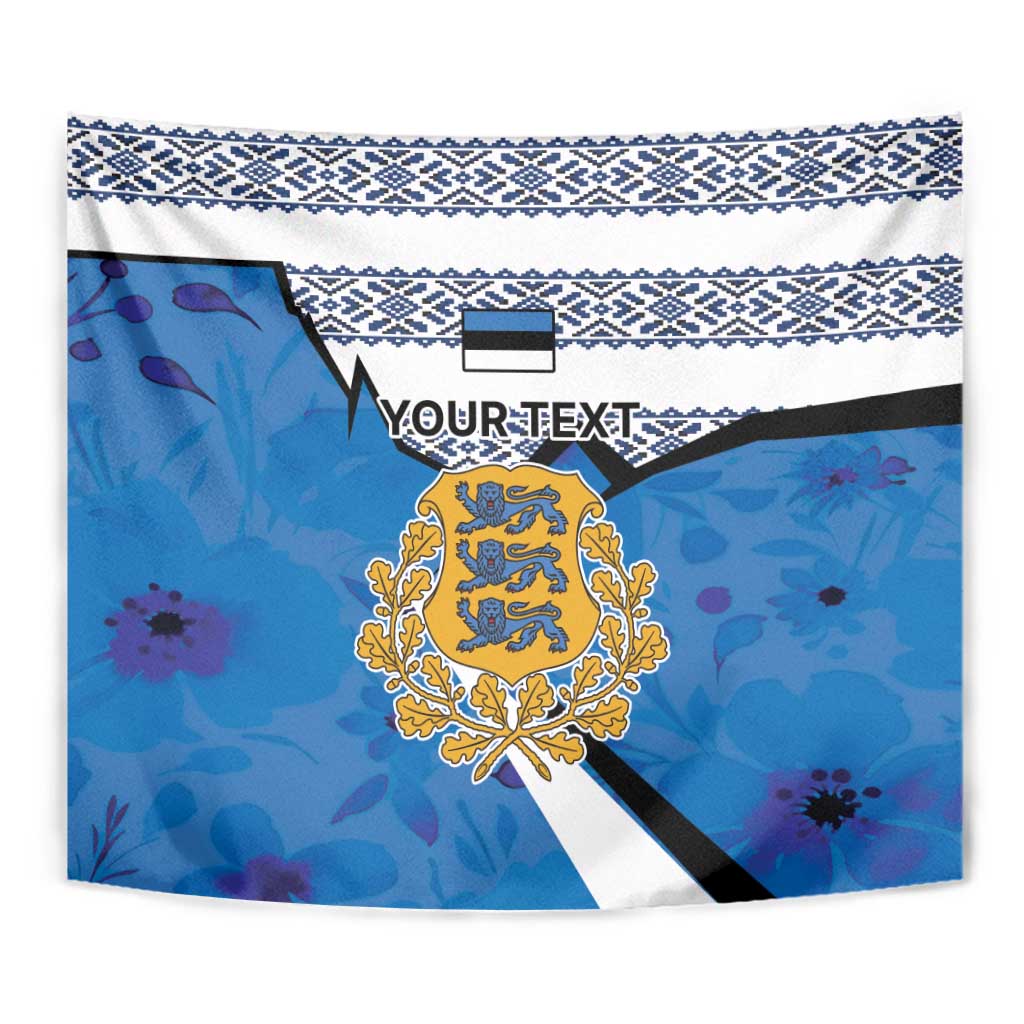 Blue Estonia crest tapestry with ornate gold coat of arms and patterned white top edge