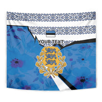 Blue Estonia crest tapestry with ornate gold coat of arms and patterned white top edge