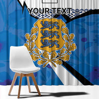 Blue window curtain with Estonia coat of arms and bold black-white diagonal stripes