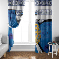 Blue window curtain panels with Estonia coat of arms and patterned top band