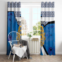 Blue window curtain panels with Estonia coat of arms and geometric patterned top