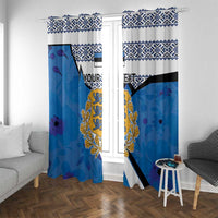 Blue window curtain panels with Estonia coat of arms and patterned header
