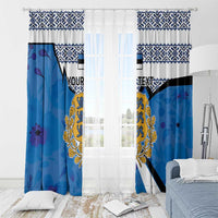 Blue window curtain pair with Estonia coat of arms, patterned valance, and hanging rod