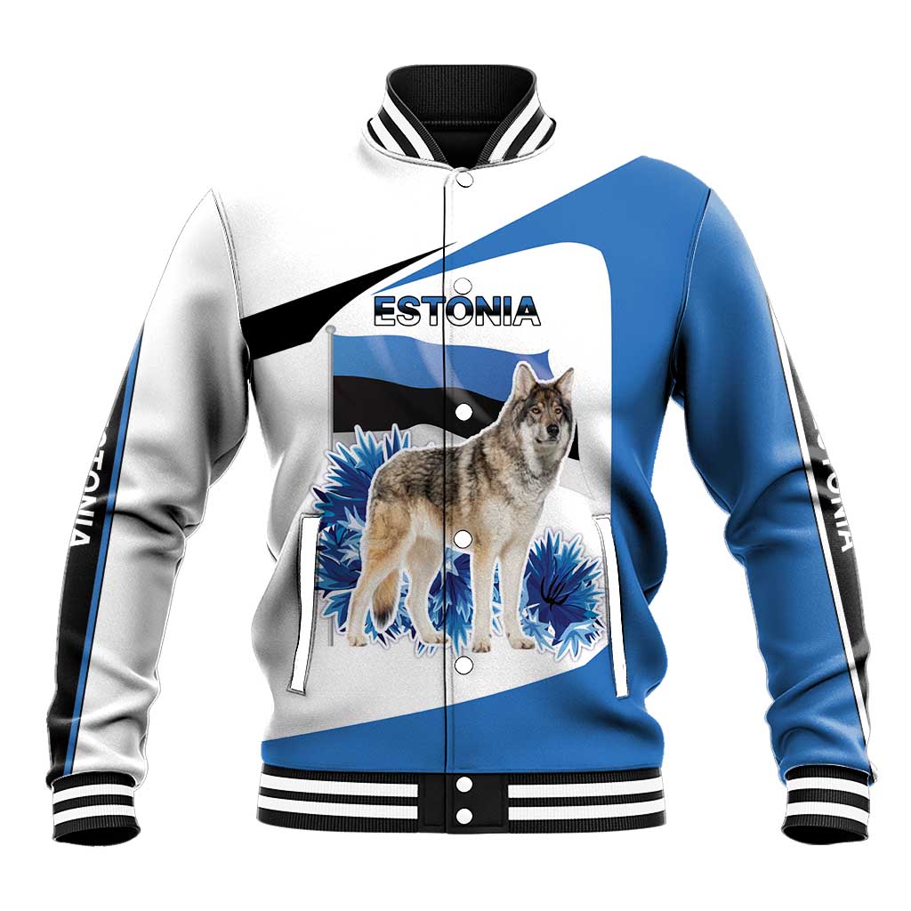 Estonia Grey Wolf and Cornflower Baseball Jacket Estonia Flag