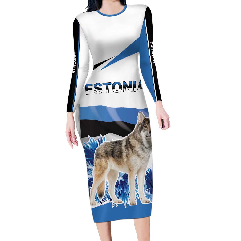 Estonia Grey Wolf and Cornflower Long Sleeve Bodycon Dress Estonia Flag