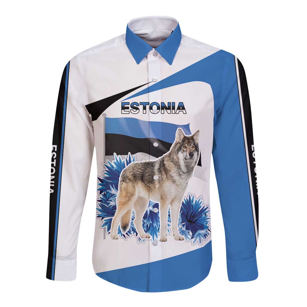 Estonia Grey Wolf and Cornflower Long Sleeve Button Shirt Estonia Flag