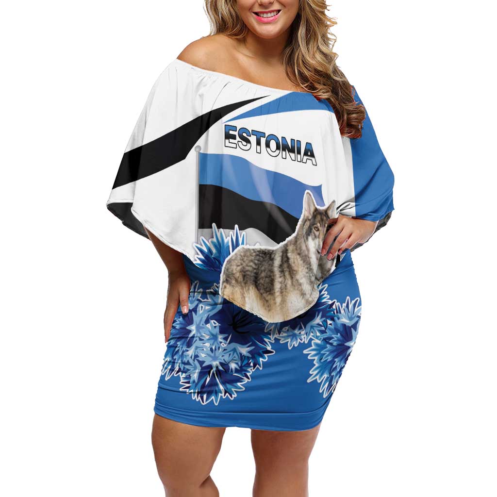 Estonia Grey Wolf and Cornflower Off Shoulder Short Dress Estonia Flag