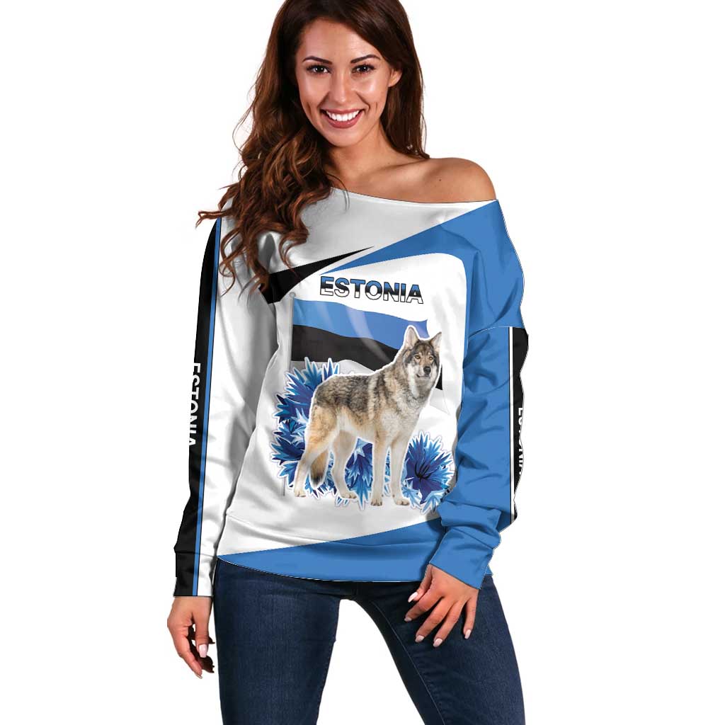 Estonia Grey Wolf and Cornflower Off Shoulder Sweater Estonia Flag