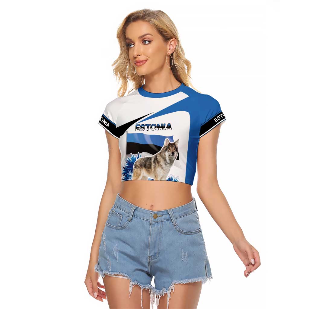 Estonia Grey Wolf and Cornflower Raglan Cropped T Shirt Estonia Flag