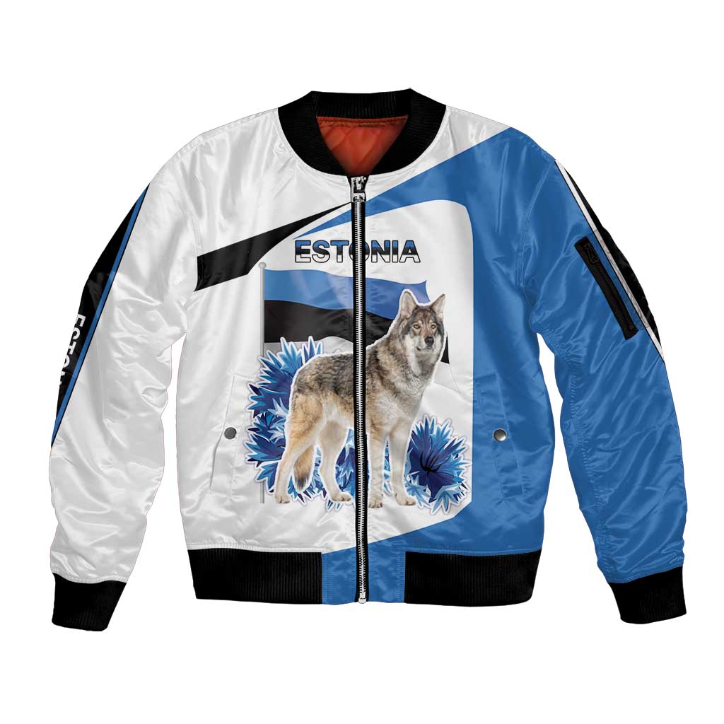 Estonia Grey Wolf and Cornflower Sleeve Zip Bomber Jacket Estonia Flag