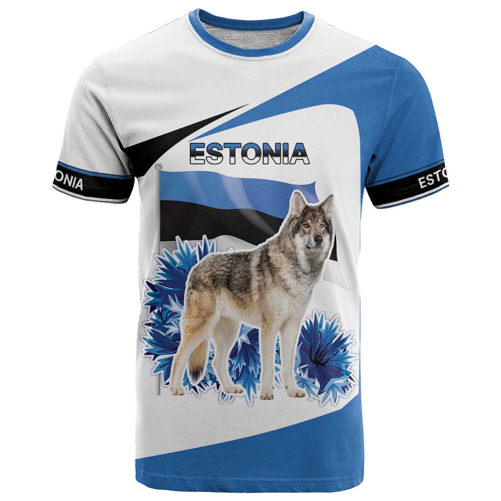 Estonia Grey Wolf and Cornflower T Shirt Estonia Flag