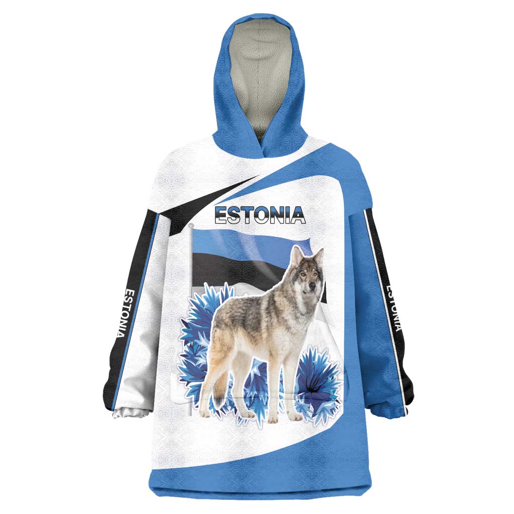 Estonia Grey Wolf and Cornflower Wearable Blanket Hoodie Estonia Flag