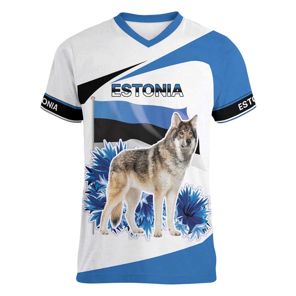 Estonia Grey Wolf and Cornflower Women V-Neck T-Shirt Estonia Flag