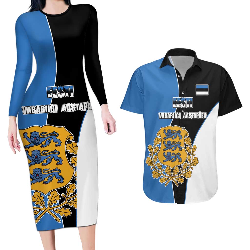 Estonia Independence day Couples Matching Long Sleeve Bodycon Dress and Hawaiian Shirt Eesti Vabariigi Aastapaev