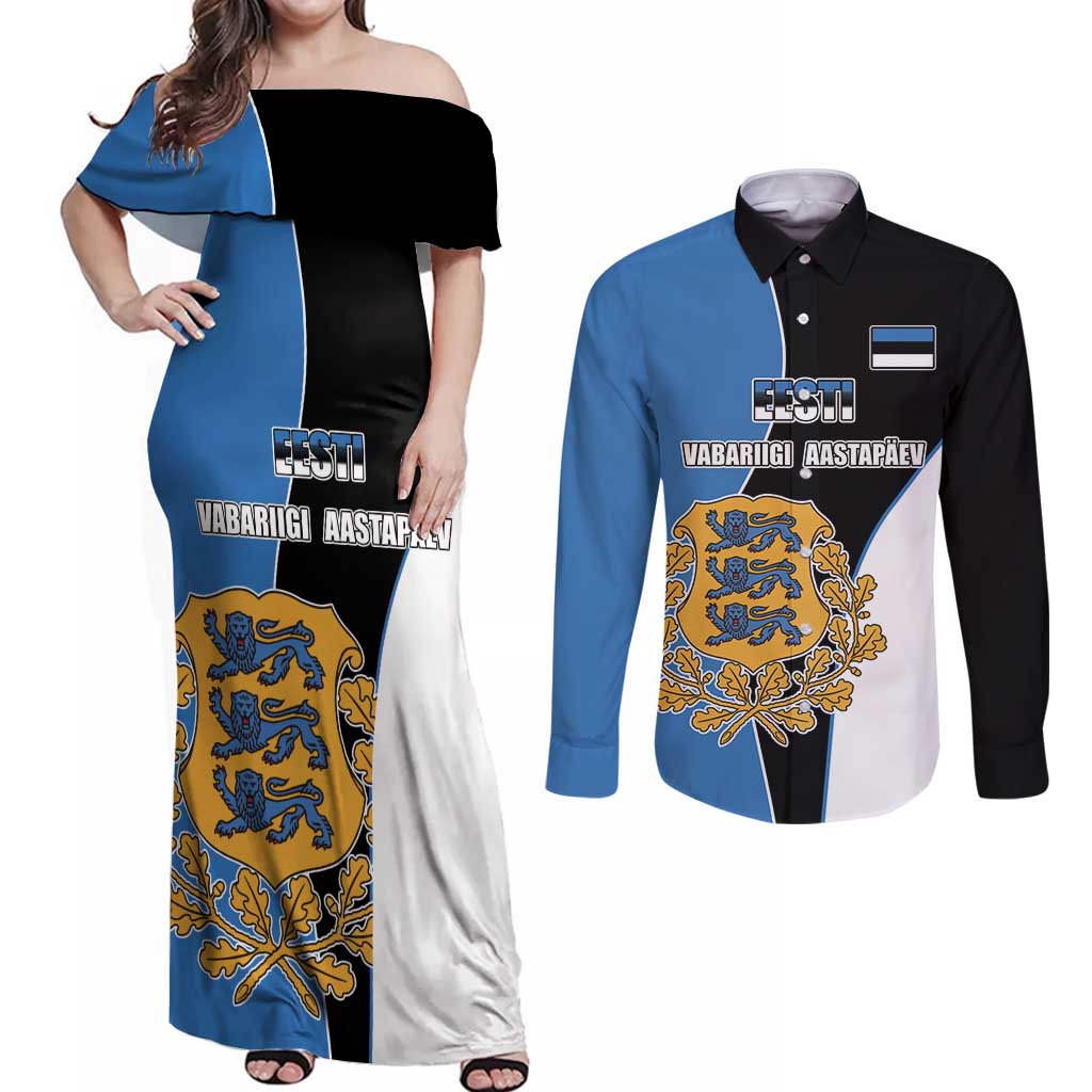 Estonia Independence day Couples Matching Off Shoulder Maxi Dress and Long Sleeve Button Shirt Eesti Vabariigi Aastapaev